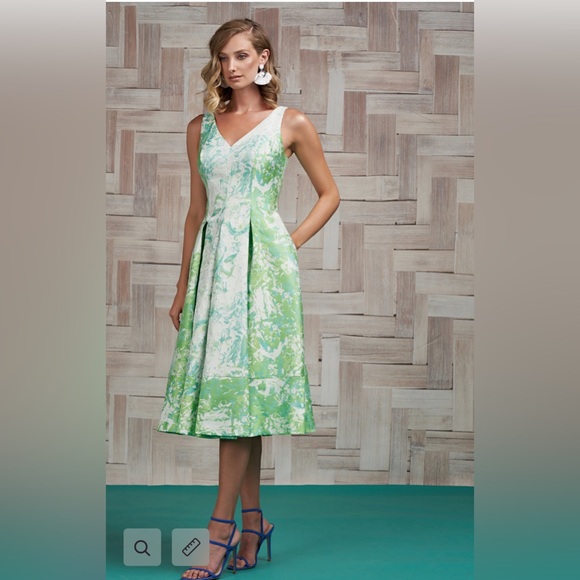 KAY UNGER Taylor Dress Abstract Print V-Neck‎ Sleeveless Cocktail, Meadow Multi - Picture 1 of 16